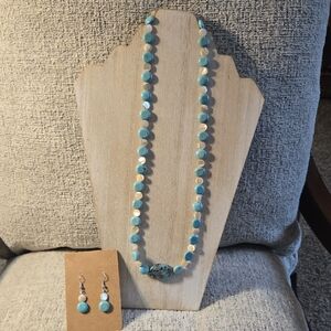 Handmade In USA Blue Beaded Howlite Mother Of Pearl Necklace and Earring Set
